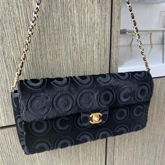 CHANEL Handbags - CHANEL Rare Ponyhair Calfhair East West Black Gold Bag